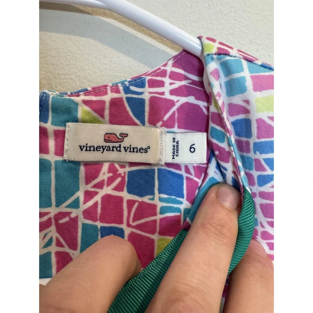 Vineyard Vines Dress Girls 6 Pink Geometric Print‎ Sleeveless Shift Ribbon Trim